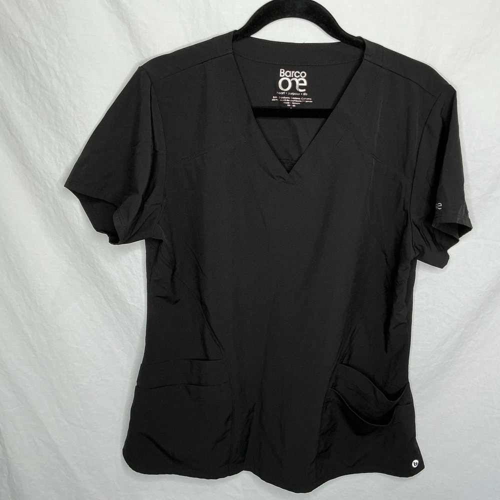 Barco One Black V-Neck Scrub Top Women's Sz L Stretch EUC Nursing Medical Doctor